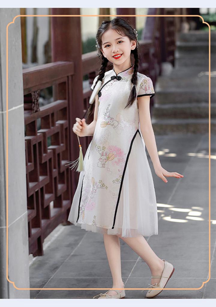 Girls' Cheongsam Dress 26 Summer New Style Chinese Style Dress New Chinese Mesh Splicing Cheongsam Dress