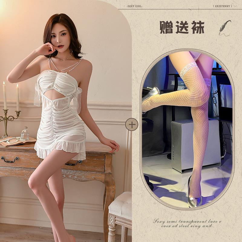 Pearl pleated mesh skirt, sexy underwear, sexy large size small chest pajamas, hot perspective hip skirt