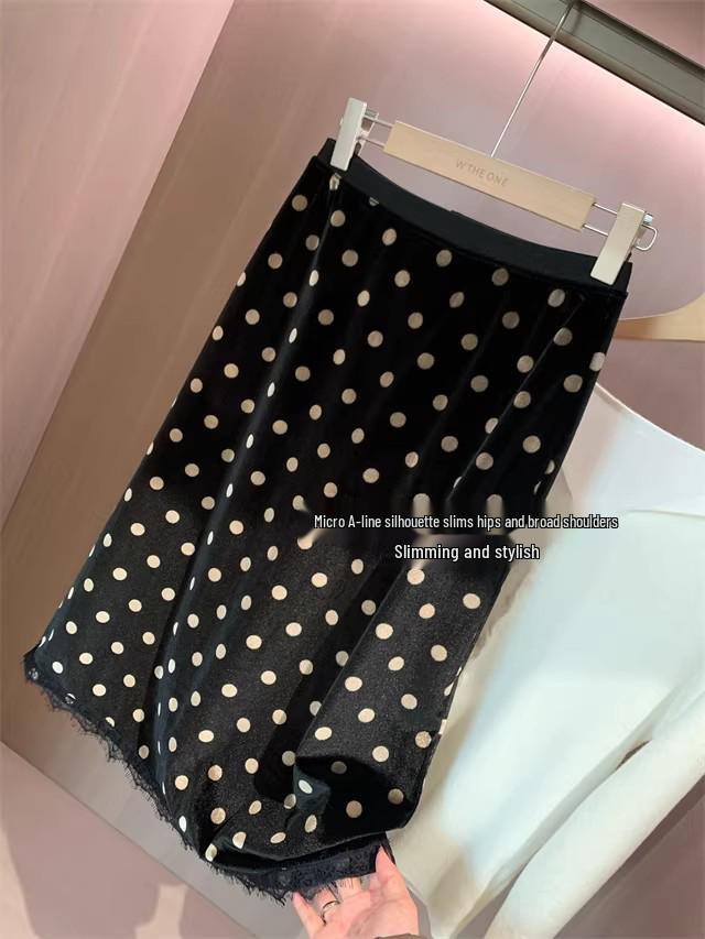2026 New Year Women's Velvet Polka Dot A-Line Midi Skirt with Lace Hem