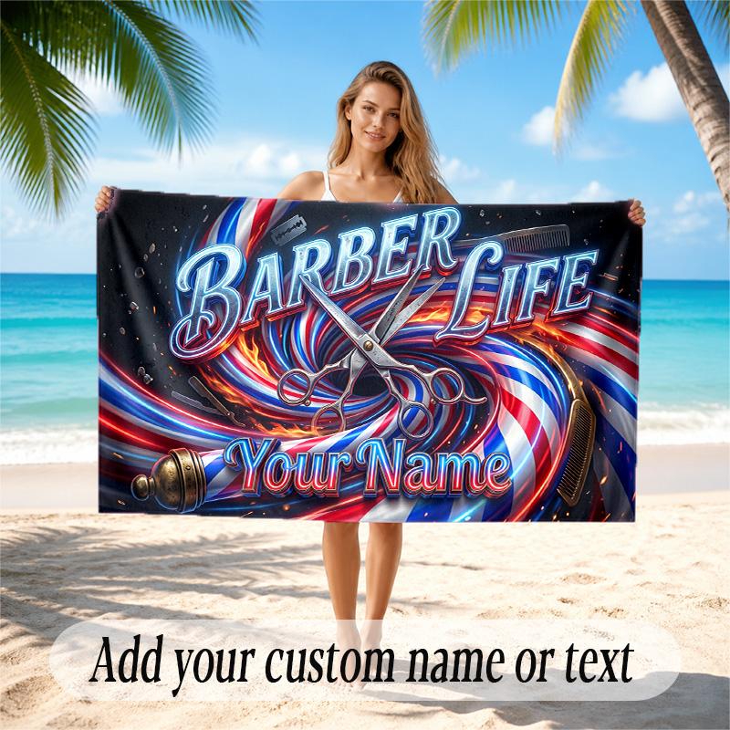 Barber Salon Theme Quick Dry Beach Towel Custom Name Text Print Large Sand Resistant Towel Beach Vacation