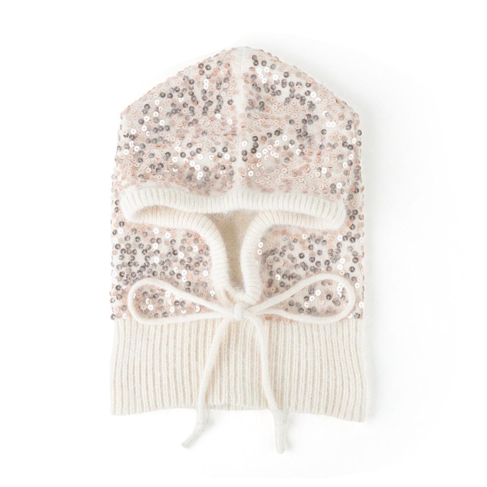Sequined bald hat women's autumn and winter cute ear protectors lace up to show the face small wool knitted hat