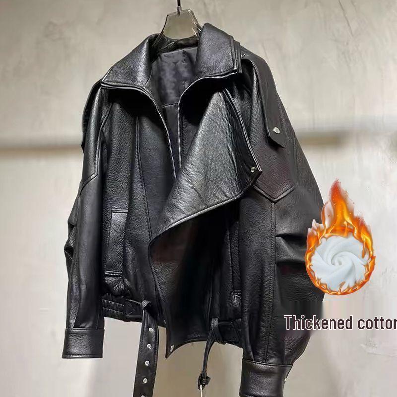 Bubble PU Leather Jacket with Cotton-Padded Lining - Oversized Biker Style for Autumn/Winter