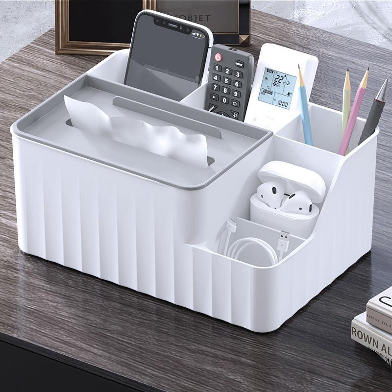 

6-Section Desk Organizer - Multifunctional Tissue Box with Remote Holder, Plastic Storage for Living Room, Kitchen & Office білий