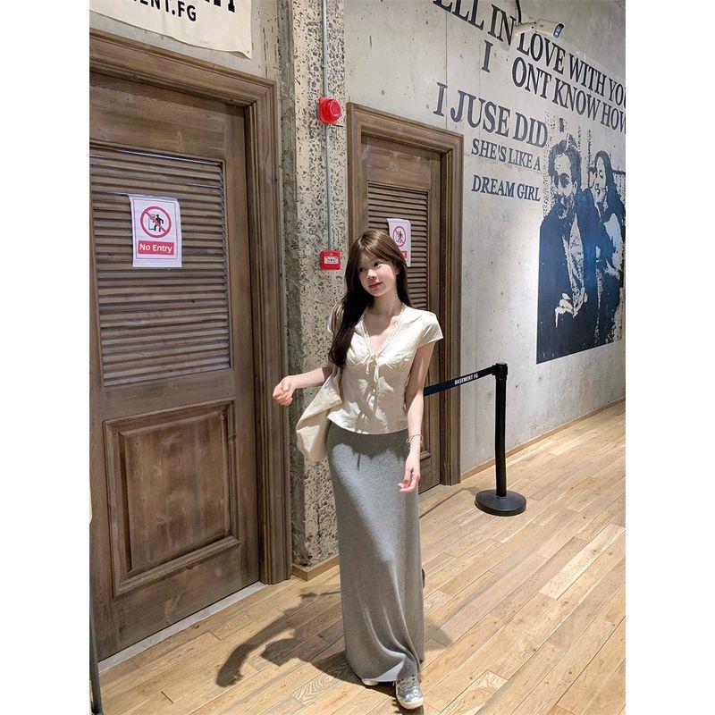 Kumikumi Design Sense Lace Short sleeve Shirts Women clothes Summer French style Bow Lace-up V-neck Top