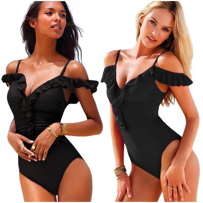 Slimming One-piece Swimsuit Black Ruffle Size M Slimming One-piece Swimsuit Black Ruffle Size L