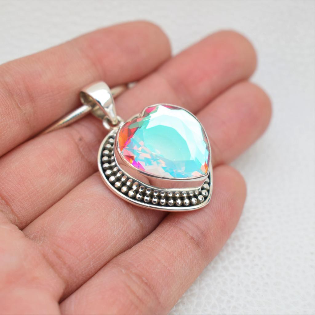 Angel Aura Quartz Pendant, Handmade 925 Sterling Silver Heart Shape Aura Quartz Pendant, Gift for her, Anniversary Pendant