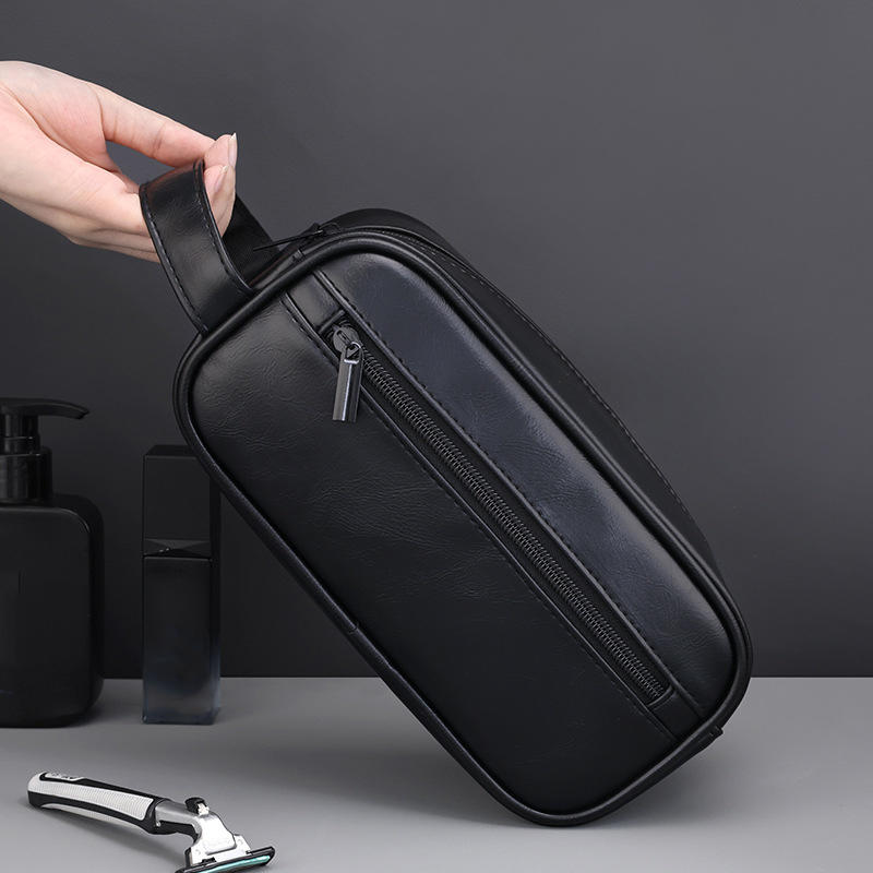 Men PU Wash Bag Travel Business Trips Portable Cosmetic Bag Large Capacity Multi Pocket Design Handheld Wash Bag