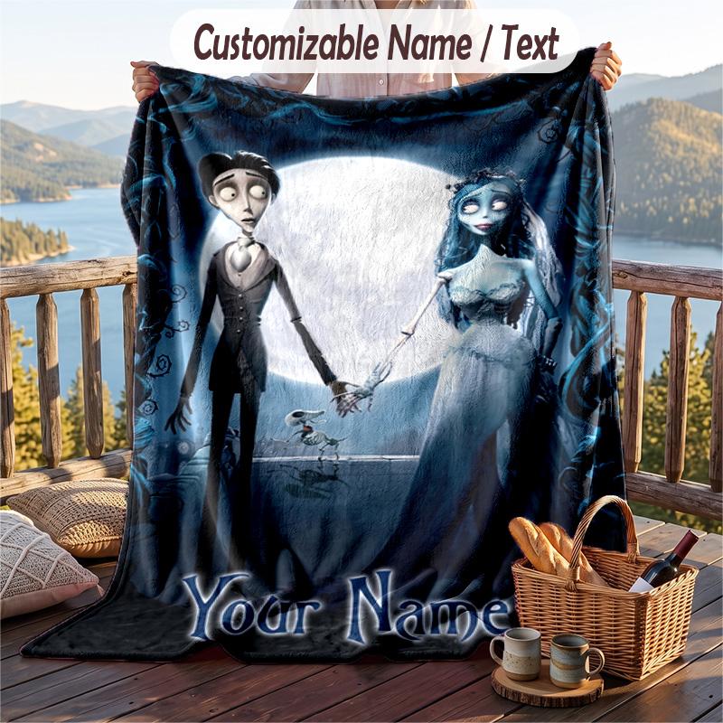 Custom Text Flannel Throw Blanket, Lightweight Cozy Bed Sofa BlanketCorpse Bride Emily Victor