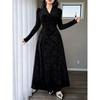 Elegant Plus Size Velvet Dress With Vertical Rose Print V-Neck Long Sleeve A-Line Floor Length Formal Gown