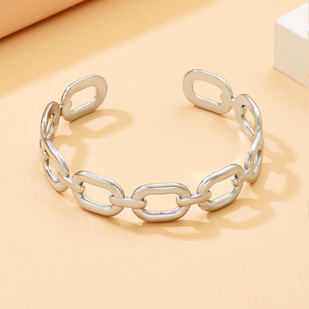 Modern C-Shaped Hollow Square Chain Stainless Steel Bangle Bracelet