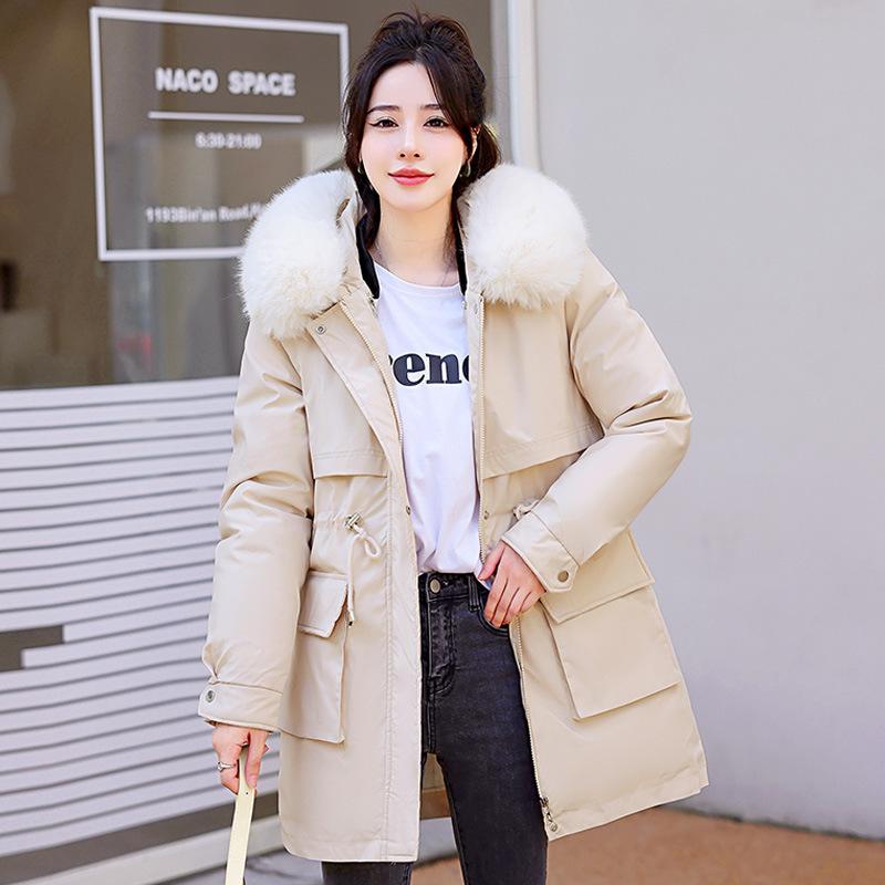 Nový kabát s kapucí a velkým kožešinovým límcem v korejském stylu pro ženy, všestranný odnímatelný dámský kabát