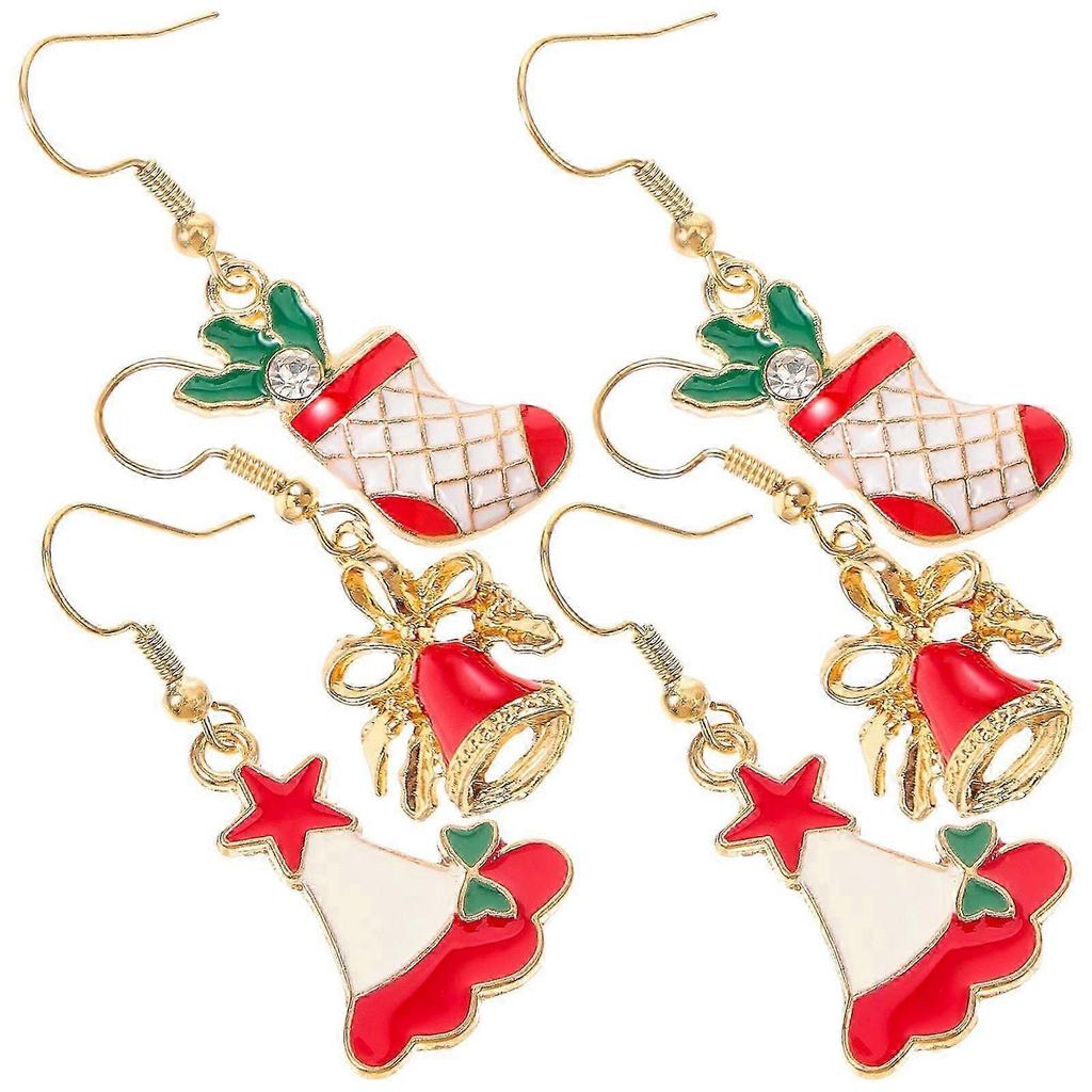 3 Pairs Xmas Tree Earrings Xmas Bell Earrings Xmas Hat Earrings Decorative Earrings Dangle Earrings