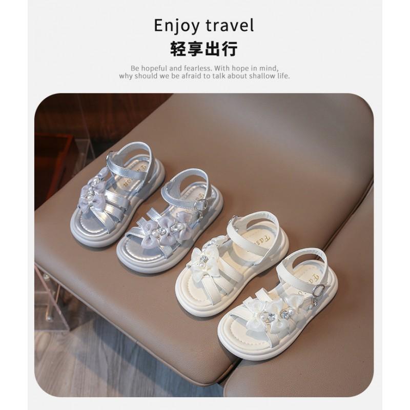 Girls Sandals With Bow Pearl Decorations PU Upper Rubber Sole Princess Style Ages 7-16