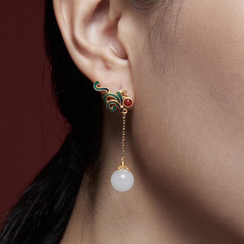 Hetian Jade Ear Hook Earring Women's High-end Temperament Ethnic Retro Earrings Cloisonne Craft Dangler Gift