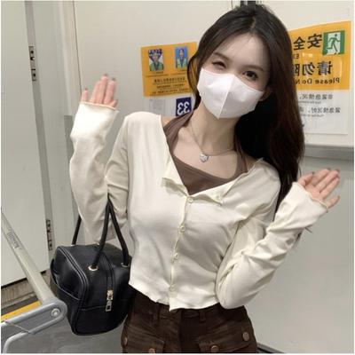 Autumn New Pure Halter Neck Inner Layer Design Fake Two-piece Long-sleeved T-shirt Female Student Base Shirt Top