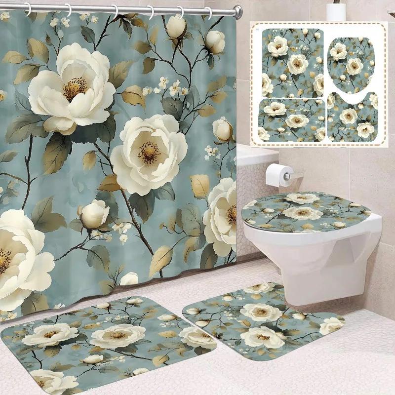 1/4 Stuks Waterdicht en schimmelbestendig Douchegordijn Luxe met Haak Douchegordijn met antislip mat U-vormige mat toiletdekselhoes
