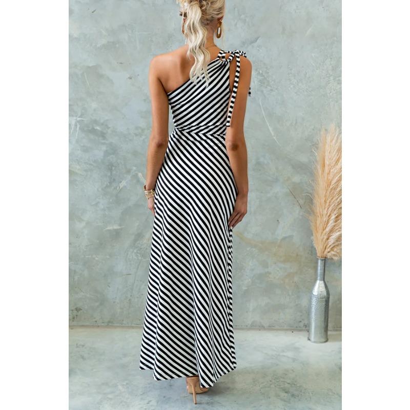 YYFS Women's Fashion Summer Spring Stripe Print Sleeveless Oblique Collar High Waist Casual Dresses