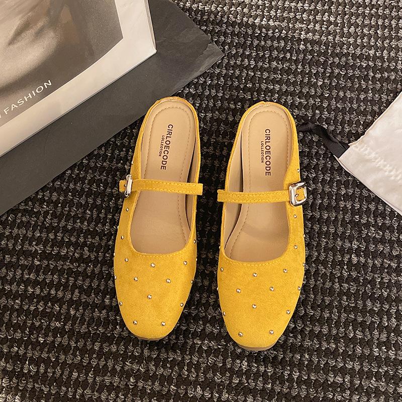 French Retro One-word Buckle Mary Jane Women's Shoes 2025 Summer New Casual Round Head Shallow Mouth Bag Head Half Slippers Women