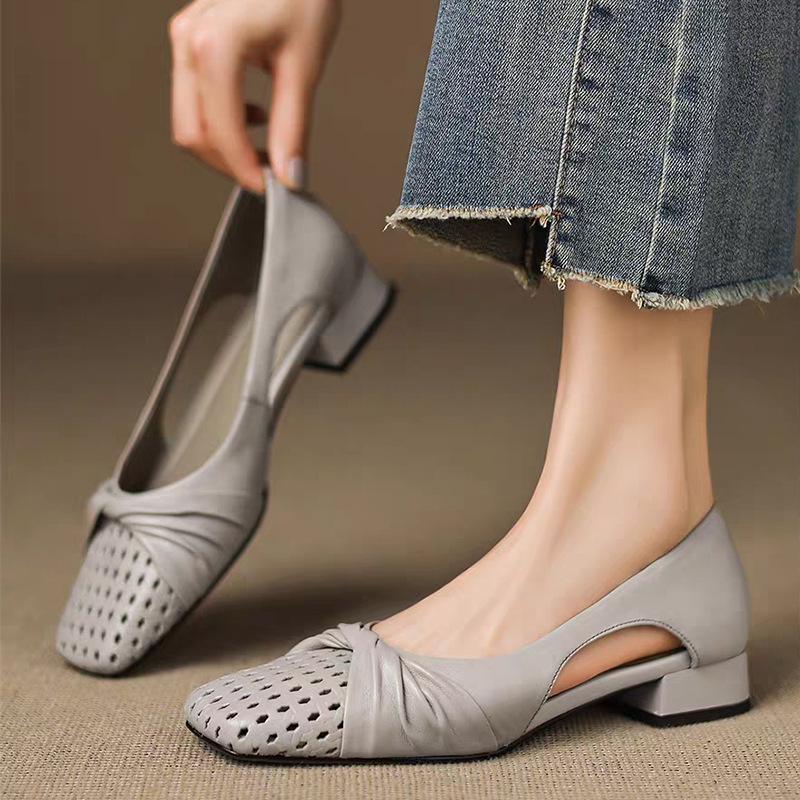 Single shoes breathable low-heeled bag head Roman sandals small fragrant hollow women's summer commuting soft-soled Mary Jane shoes