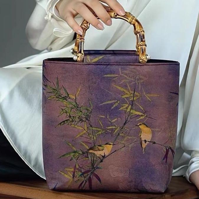 Retro Cheongsam Crossbody Tote with Bamboo Handle - Large Capacity, Chinese National Style