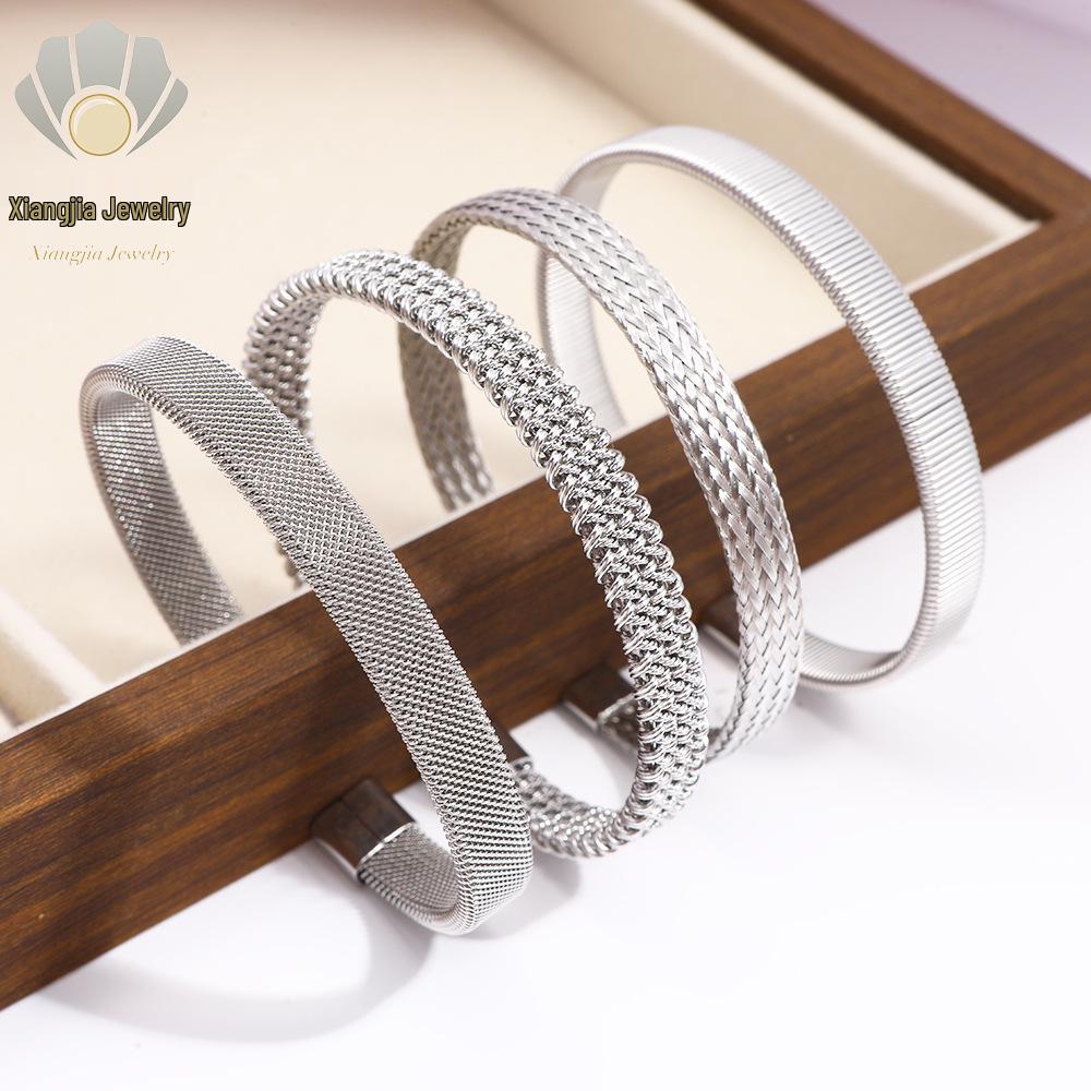 European & American Luxury Woven Titanium Steel Bangle with Gold Electroplating - Simple Fashion Open Design