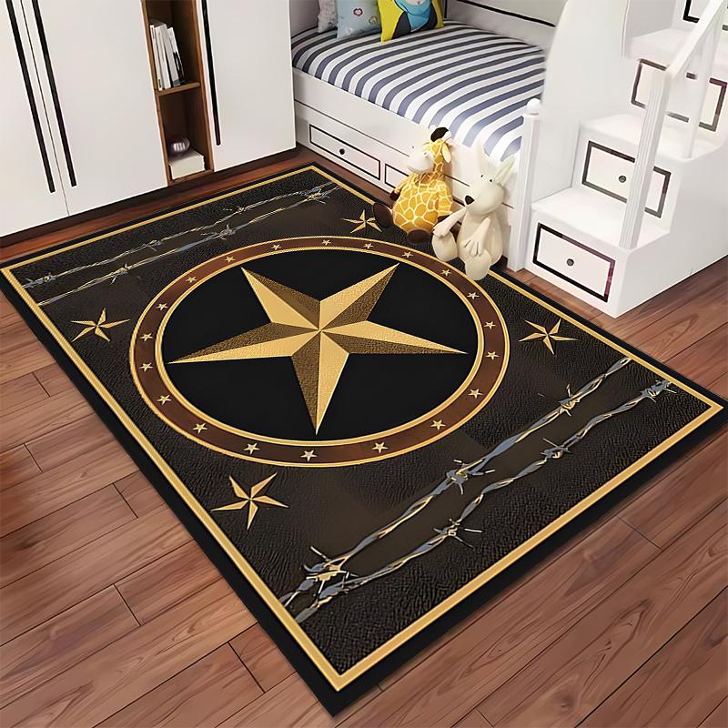 Golden Star Emblem on Black Rug - Non-slip rug suitable for living room and bedroom sofas.