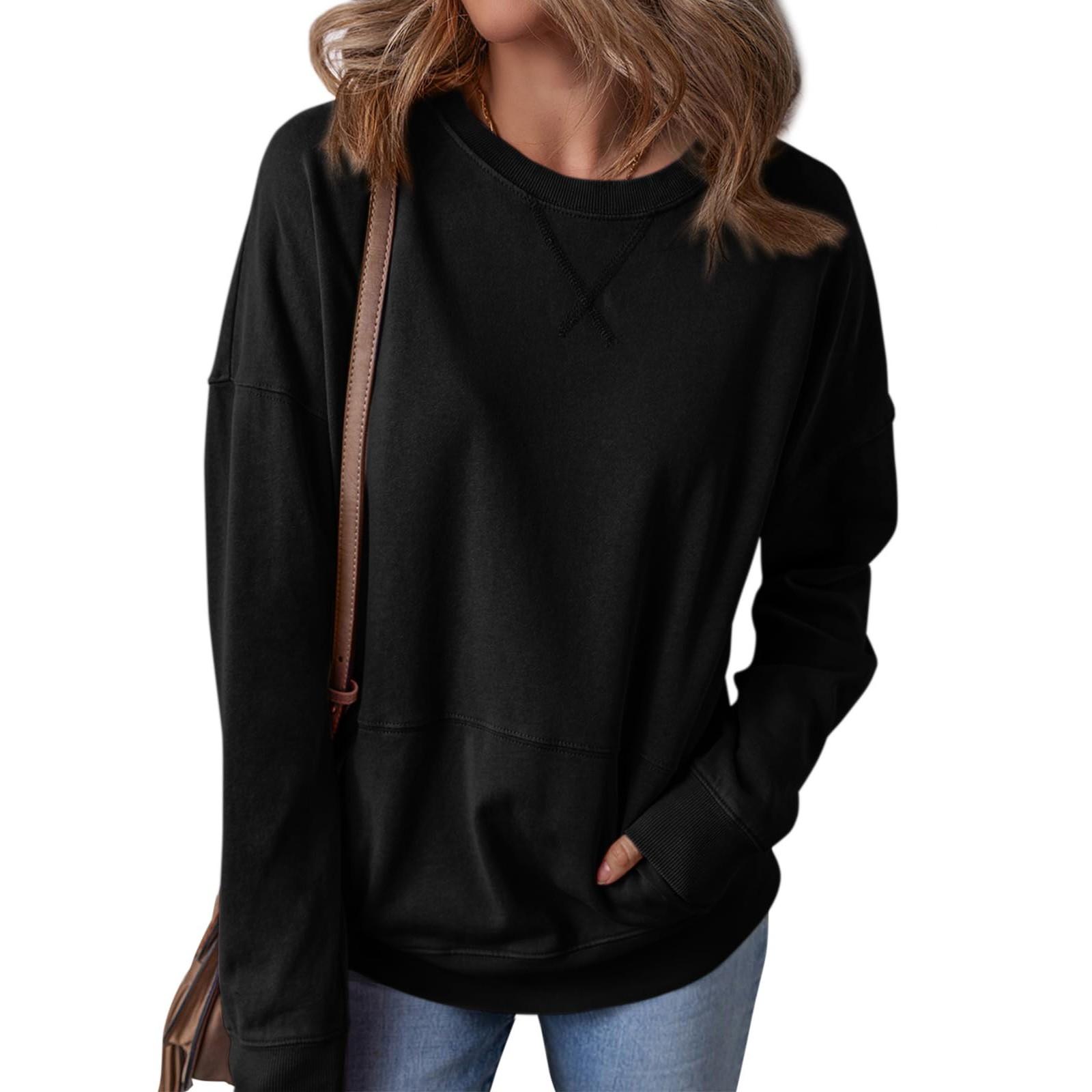 

Женская толстовка с круглым вырезом и длинными рукавами, осень-зима, легкий пуловер с карманом M чёрный