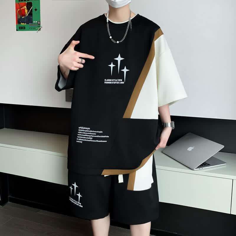 Men s Summer Ice Silk Color-Blocked Sportswear Set M чёрный