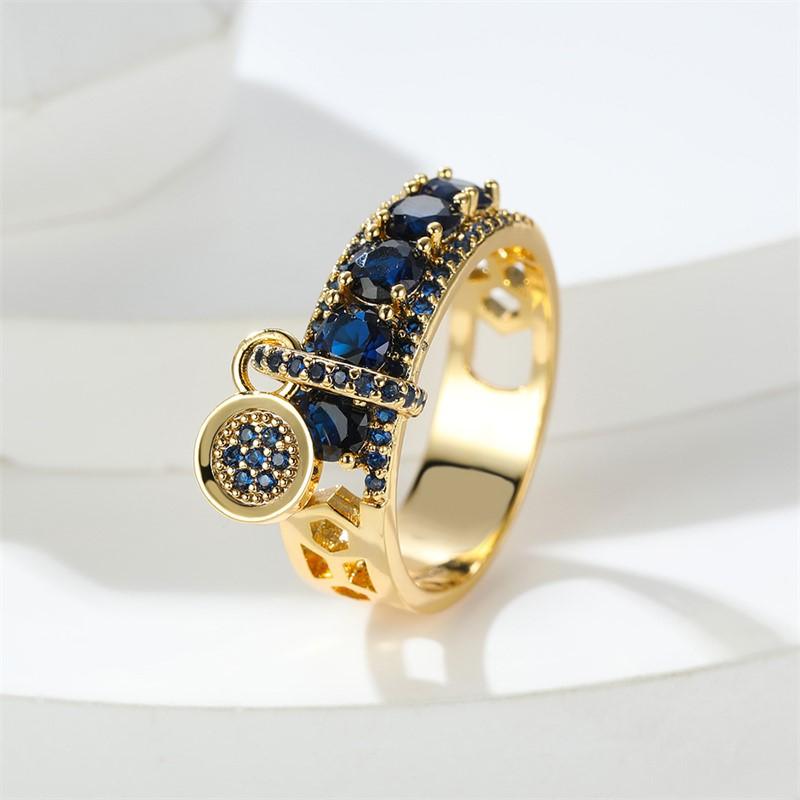 Luxury Vintage Female Royal Blue Zircon Stone Ring Round Dangle Ring Fashion Engagement Zircon Gifts New  Arrival