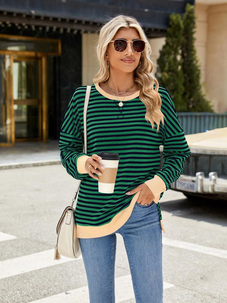 Elegant and Fashionable Autumn and Winter Comfortable Round Neck Striped Splicing Open Loose Long-sleeved Sweater Jacket Pullover Shirt Hoodies