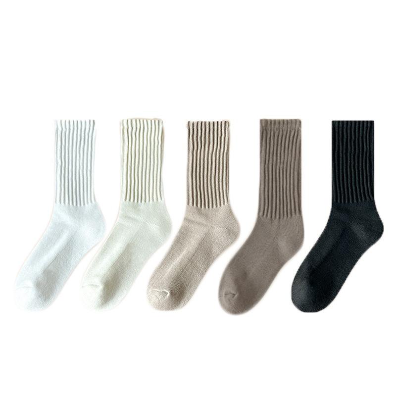 5 Pairs of Stacked Socks Women's Autumn and Winter Padded and Thickened Warm Terry Socks Solid Colour Mid-calf Socks Thick Needle Towel Socks Tide