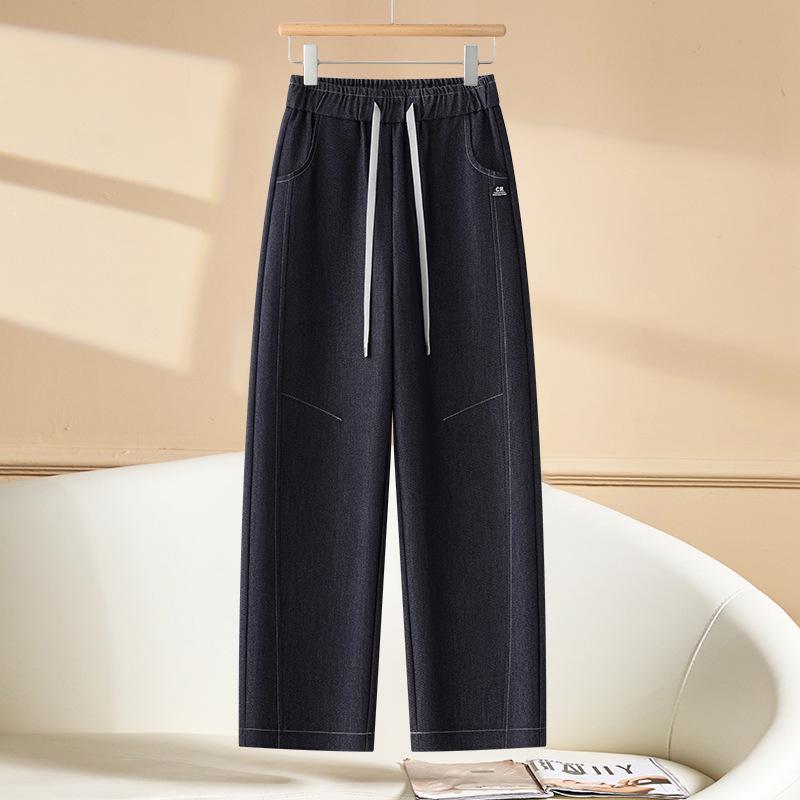 

Women s Spring 2026 Faux Denim Curved-Leg Lace-Up Pants with Elastic Waist and Draped Pleats XL темно-синий