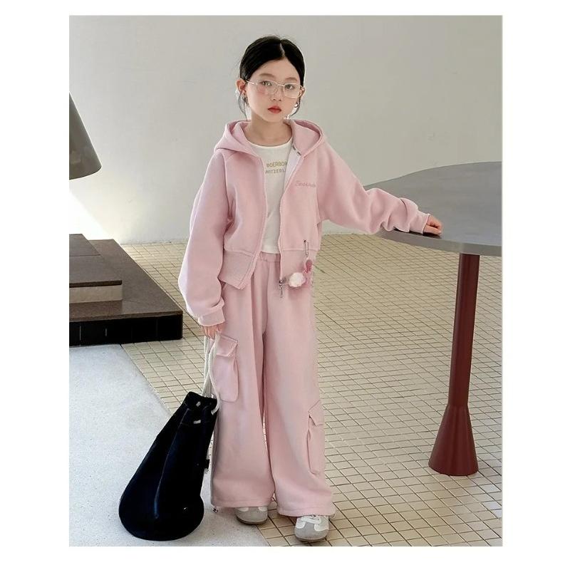 Autumn Winter Teenager Kids Girl Children Set Clothes Loose Sweatshirt Hooded Jacket Pink Wide Leg Pant