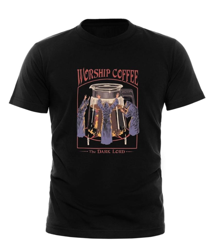 Worship Coffee TShirt Retro Dark Humor The Dark Lord Funny Graphic Tee Cotton Unisex T-Shirt