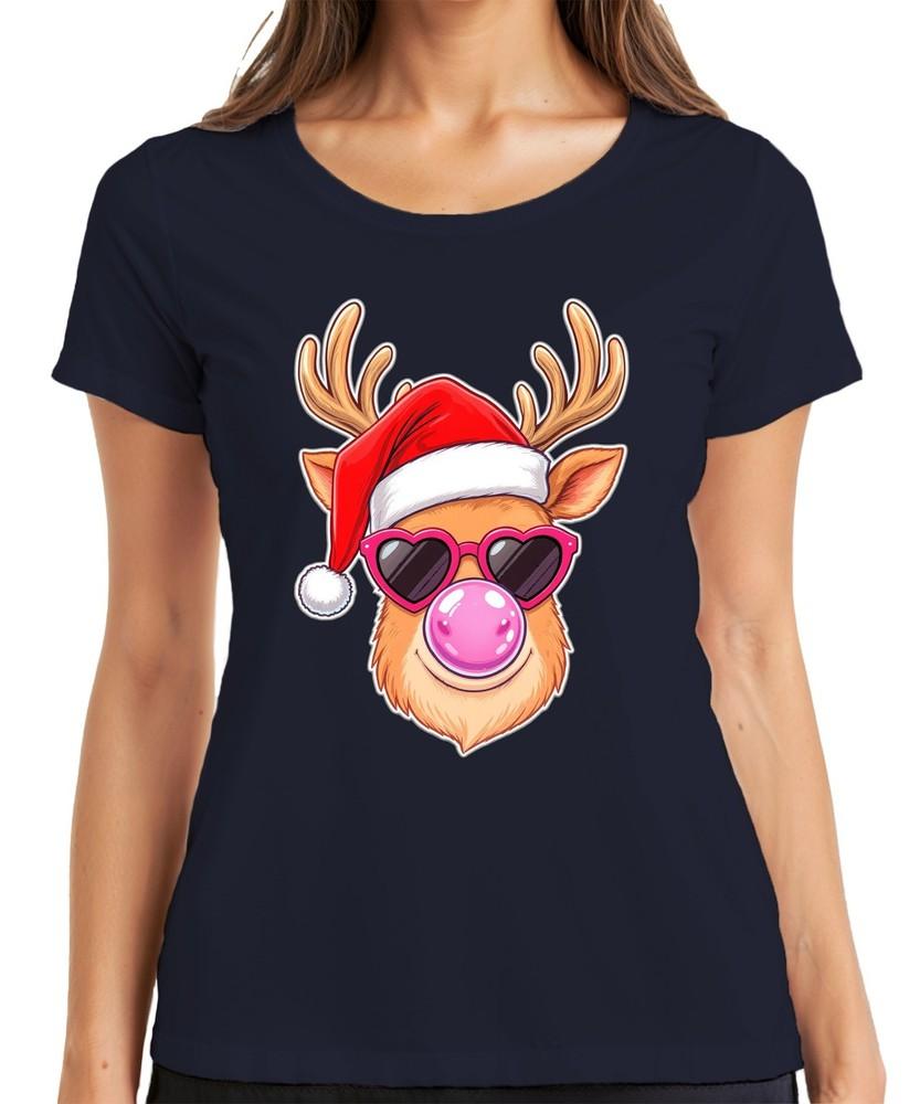 Christmas Reindeer Santa Hat Heart Sunglasses Bubblegum Funny Ladies Tshirt S