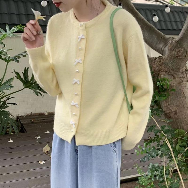Spring and Autumn Butterfly Knot Cardigan Sweater Women Elegant Pearl Button Korean Style Sweet Jackets Light Yellow Knitted Coats Round Neck Shirts