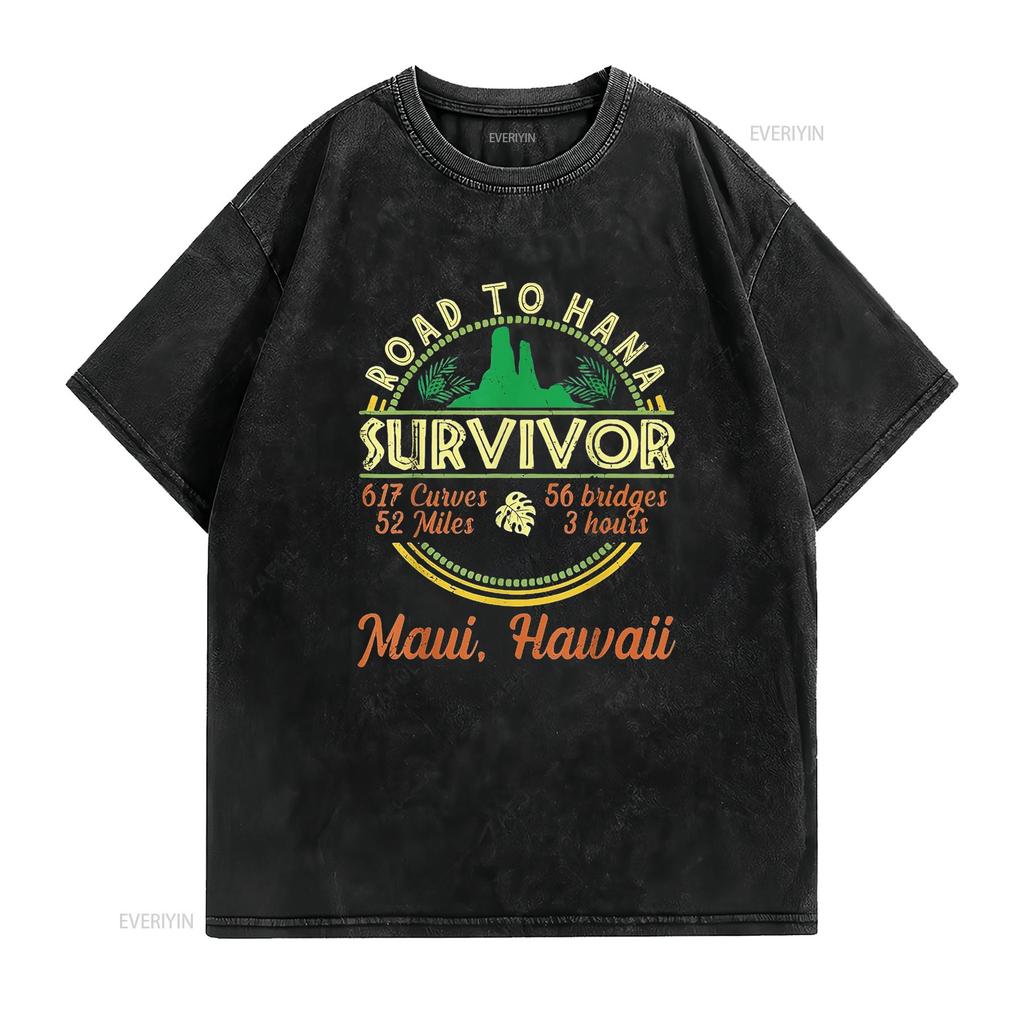 Mens Cool Hawaii Road Trip 2023 Maui To Hana Survivor Retro T Shirt Black vintage Washed Comfortable Stretched Breathable