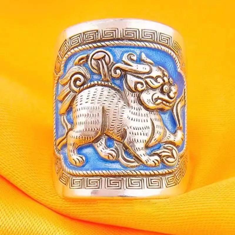 New In Ethnic Style Square Divine Beast Mens Rings 990 Thai  Vintage Enamel Blue Banquet Party Jewelry Opening Adjustable