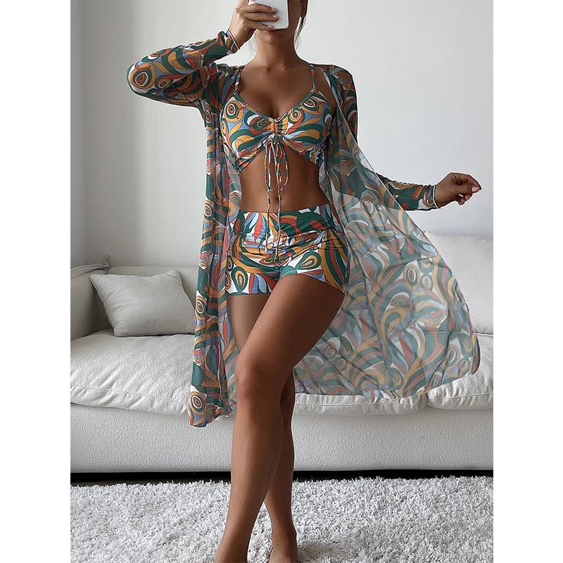 Women Swimsuit High Waist Bikini Set Three Pieces Women Sexy Long Sleeve Cover Up Swimsuit 2026 Beach Bathing Suits Swimwear