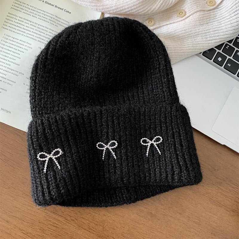 

Серый шерстяной берет с бантом женский осенне-зимний большой окружности головы утолщенный теплый зимний вязаный берет с защитой ушей M（56-58cm） чёрный