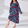Women's Fashionable Plus Size Pajamas Round Neck Long Sleeved Print Length Nightgown Dress Clothes Sale