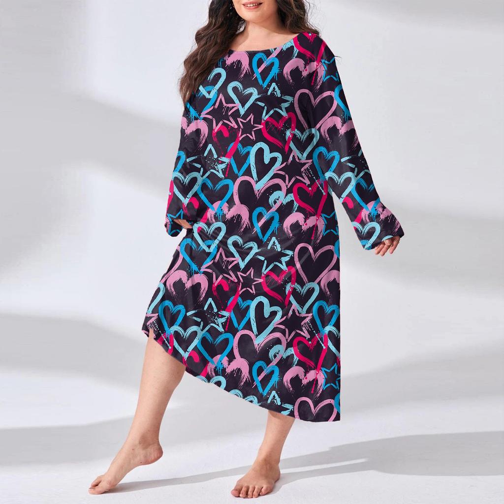 Women's Fashionable Plus Size Pajamas Round Neck Long Sleeved Print Length Nightgown Dress Clothes Sale