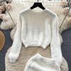 Autumn Women Sweet Mohair Knit Sweater Suit O Neck Long Sleeve Pullover Tops+High Waist Bodycon Pencil Skirt Lady Solid Two Piece Set