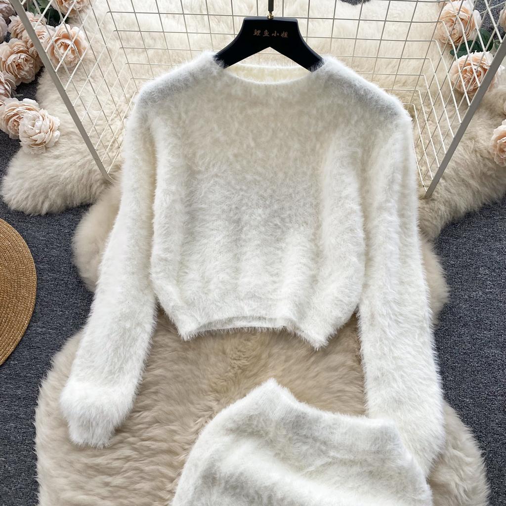 Autumn Women Sweet Mohair Knit Sweater Suit O Neck Long Sleeve Pullover Tops+High Waist Bodycon Pencil Skirt Lady Solid Two Piece Set