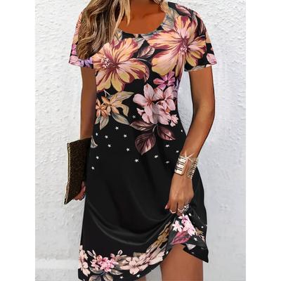 Women'S Floral Print 3D Graphic T-Shirt Dress Elegant Crew Neck Short Sleeve Polyester Spandex Knit Fabric Vacation Style