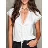 Sommer Unifarben V-Ausschnitt Spitze Patchwork Kurzarm Freizeit T-Shirt Top für Damen, Europäischer Amerikanischer Sexy Stil