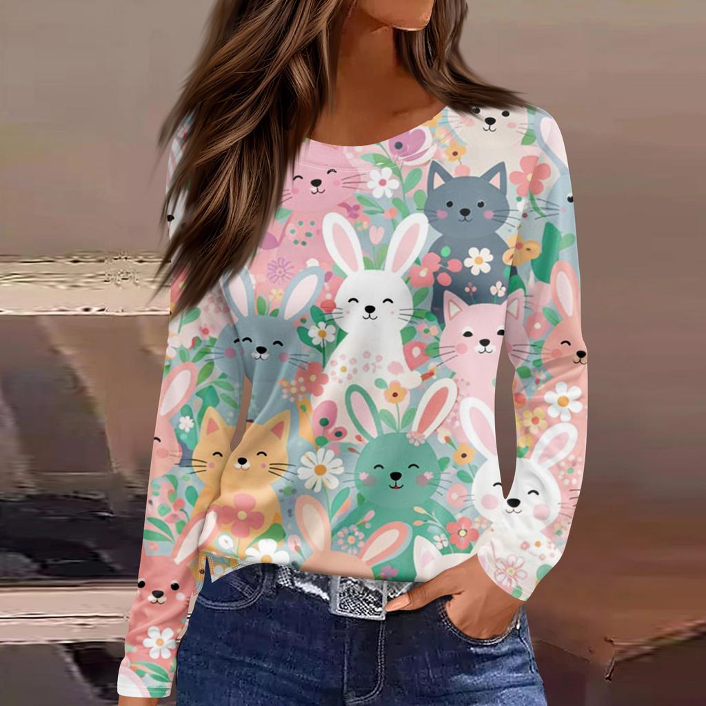 Women's Fashion Casual Slit Hem Round Neck Long Sleeve Loose Printed T-Shirt Ladies Top