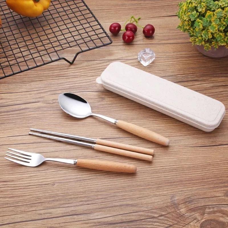 Wooden handle stainless steel tableware three-piece set Chopsticks fork spoon Students outdoor travel gift tableware set