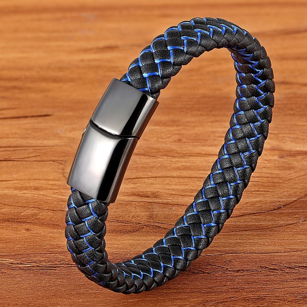 Men Jewelry Punk Black Blue Braided Leather Bracelet for Men Stainless Steel Magnetic Clasp Fashion Bangles Gifts 6 Colors
