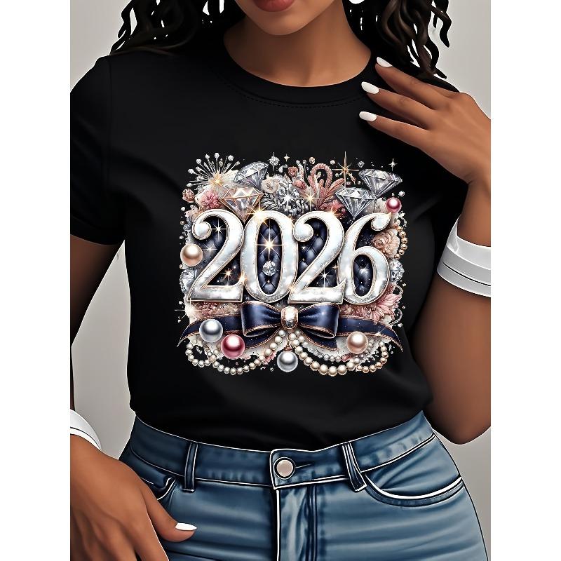 

European Size Women s 2026 Happy New Year Tee - Fashionable 2026 Happy New Year Glamorous Letter Graphic Print T-Shirt 4XL чорний